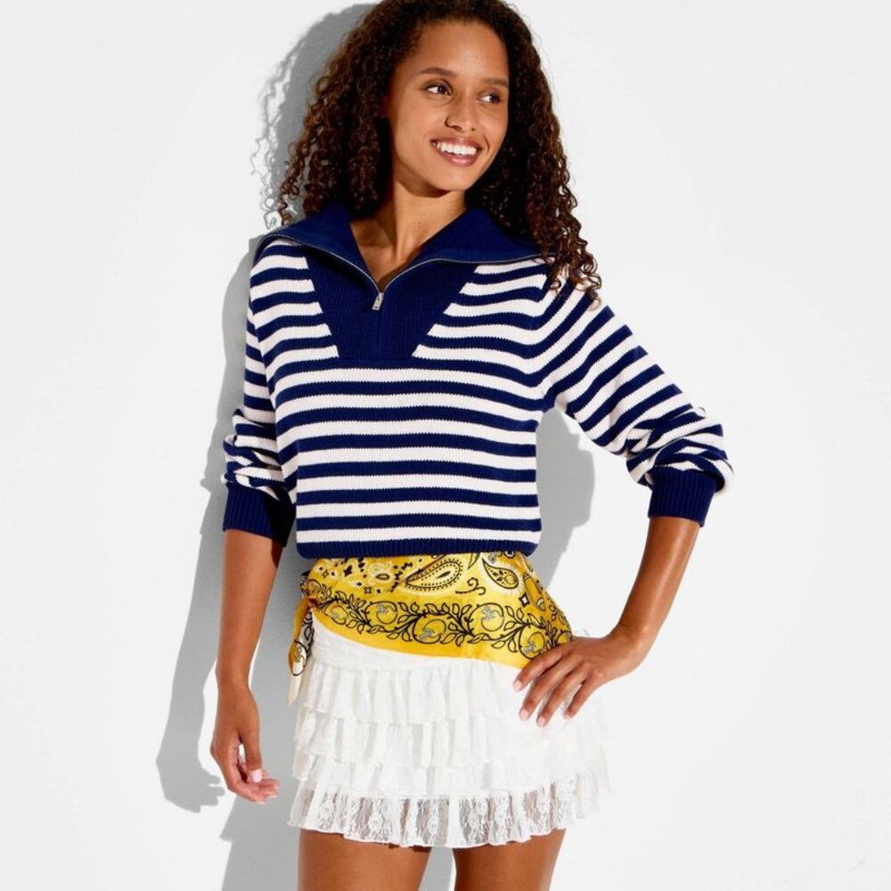 Women's Long Sleeve Quarter Zip Polo Sweater - Wild Fable Navy Blue Striped S
